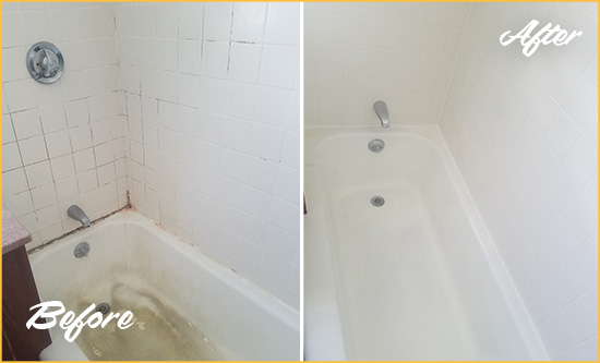 Sir Grout Caulked this Bathroom Shower to Prevent Water Damage Picture of a White Tub with Damaged Caulking Before and After a Tub Recaulking Service