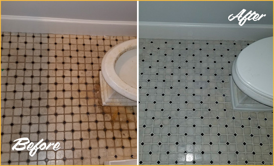 Sir Grout Restored this Bathroom Grout Lines with a Cleaning Service Before and After Picture of a Bathroom Grout Cleaning