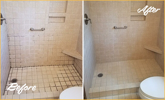 Sir Grout Sealed this Bathroom Grout to Avoid Water Leakages Before and After Picture of a Bathroom Grout Sealing on a Porcelain Tile Shower