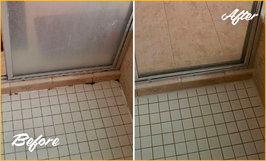 Sir Grout Restored this Shower Floor joints with a Grout Caulking to Replace Damaged Caulk Before and After Picture of a Grout Caulking on the Floor Joints