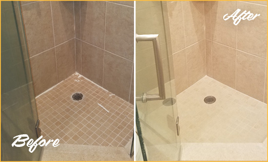 Sir Grout Recaulks this Porcelain Tile Bathroom to Avoid Water Leakages Before and After Picture of a Grout Recaulking on a Porcelain Tile Shower