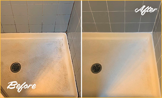 Sir Grout Restored this Shower Wall Joints with a Shower Caulking to Replace Damaged Caulk Before and After Picture of a Shower Caulking on the Wall Joints