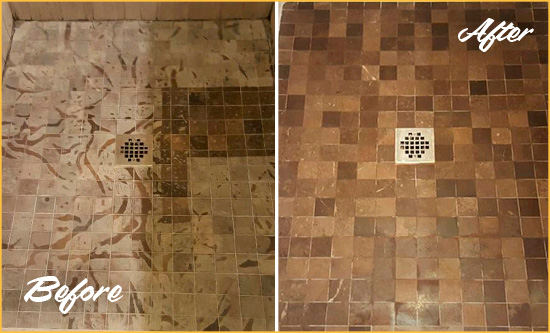 Sir Grout Hones this Travertine Shower Floor to Remove Etching Caused by Vinegar Picture of Travertine Shower Before and After Honing to Remove Stains Caused by Vinegar