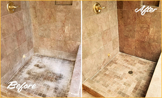 Sir Grout Cleans and Seals this Dull Marble Shower to Eliminate Mineral Deposits Before and After Picture of a Marble Shower Cleaned and Sealed to Eliminate Mineral Deposits