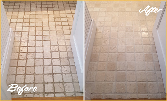 Sir Grout Cleans and Seals These Dirty Tumbled Marble Floor Before and After Picture of a Dirty Tumbled Marble Floor Cleaned and Sealed to a Mate Finish
