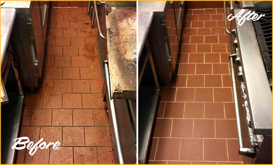 Sir Grout Cleaned the Tile and Grout in This Restaurant's Kitchen Floor To Remove Embedded Dirt and Grease Before and After Picture of Grout Cleaning in a Restaurant's Kitchen Floor