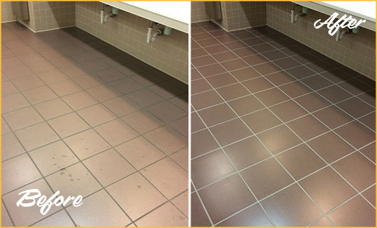 Before and After Picture of a Silvana Restrooms Tile and Grout Cleaned to Remove Embedded Dirt