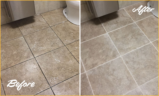 Sir Grout Cleans this Monroe Restroom Tile and Grout to Remove Soil Before and After Picture of a Monroe Restroom Tile and Grout Cleaned to Remove Soil