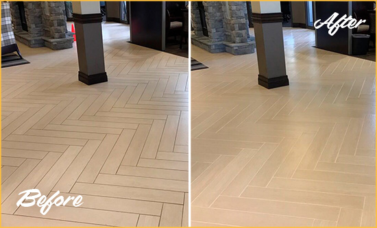 Before and After Picture of a Silvana Office Floor Tile and Grout Cleaned to Remove Stains