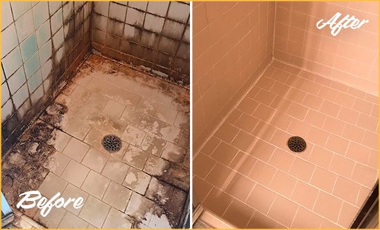 Sir Grout Cleans this Monroe Shower Tile and Grout to Repair Water Damage Before and After Picture of a Monroe Shower Tile and Grout Cleaned to Repair Water Damage