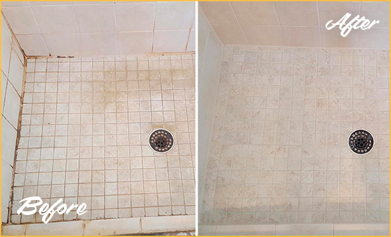 Before and After Picture of a Bothell Shower Caulked to Fix Cracks