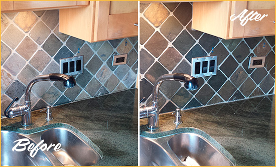 Before and After Picture of a Bothell Backsplash Caulked to Fix and Prevent Water Leaks