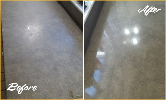 Before and After Picture of a Dull Bothell Limestone Countertop Polished to Recover Its Color
