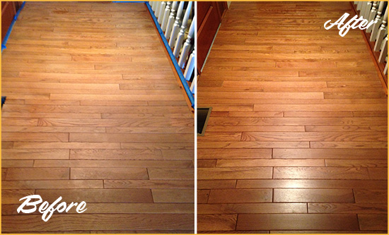 Sir Grout Refinished This Dull Bothell Hallway Floor with a Sand Free Refinishing Service Before and After Picture of a Bothell Wood Sand Free Refinishing Service on a Dull Hallway