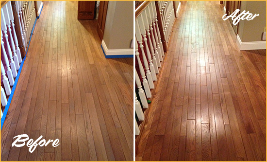 Sir Grout Refinished This Worn Out Bothell Wood Floor with a Sand Free Refinishing Service Before and After Picture of a Bothell Wood Sand Free Refinishing Service on a Worn Out Floor
