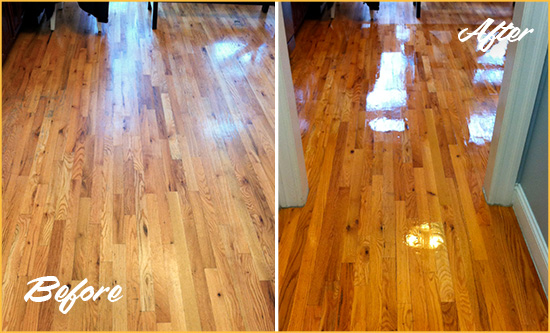 Sir Grout Refinished This Worn Out Bothell Hallway Floor with a Sand Free Refinishing Service Before and After Picture of a Bothell Wood Sand Free Refinishing Service on a Worn Out Hallway