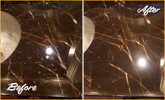Before and After Picture of a Bothell Marble Countertop Cleaned to Remove Water Spots