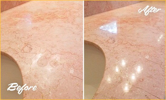 Before and After Picture of a Bothell Marble Stone Vanity Top Sealed to Avoid Water Marks
