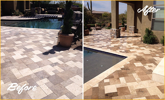 Before and After Picture of a Bothell Travertine Patio Sealed Stone for Extra Protection