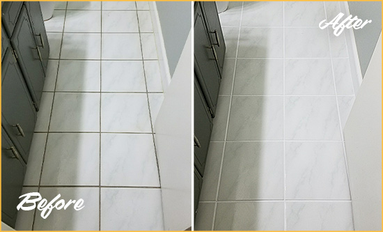 Before and After Picture of a Bothell White Ceramic Tile with Recolored Grout