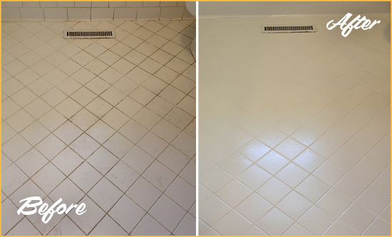 Before and After Picture of a Bothell White Bathroom Floor Grout Sealed for Extra Protection